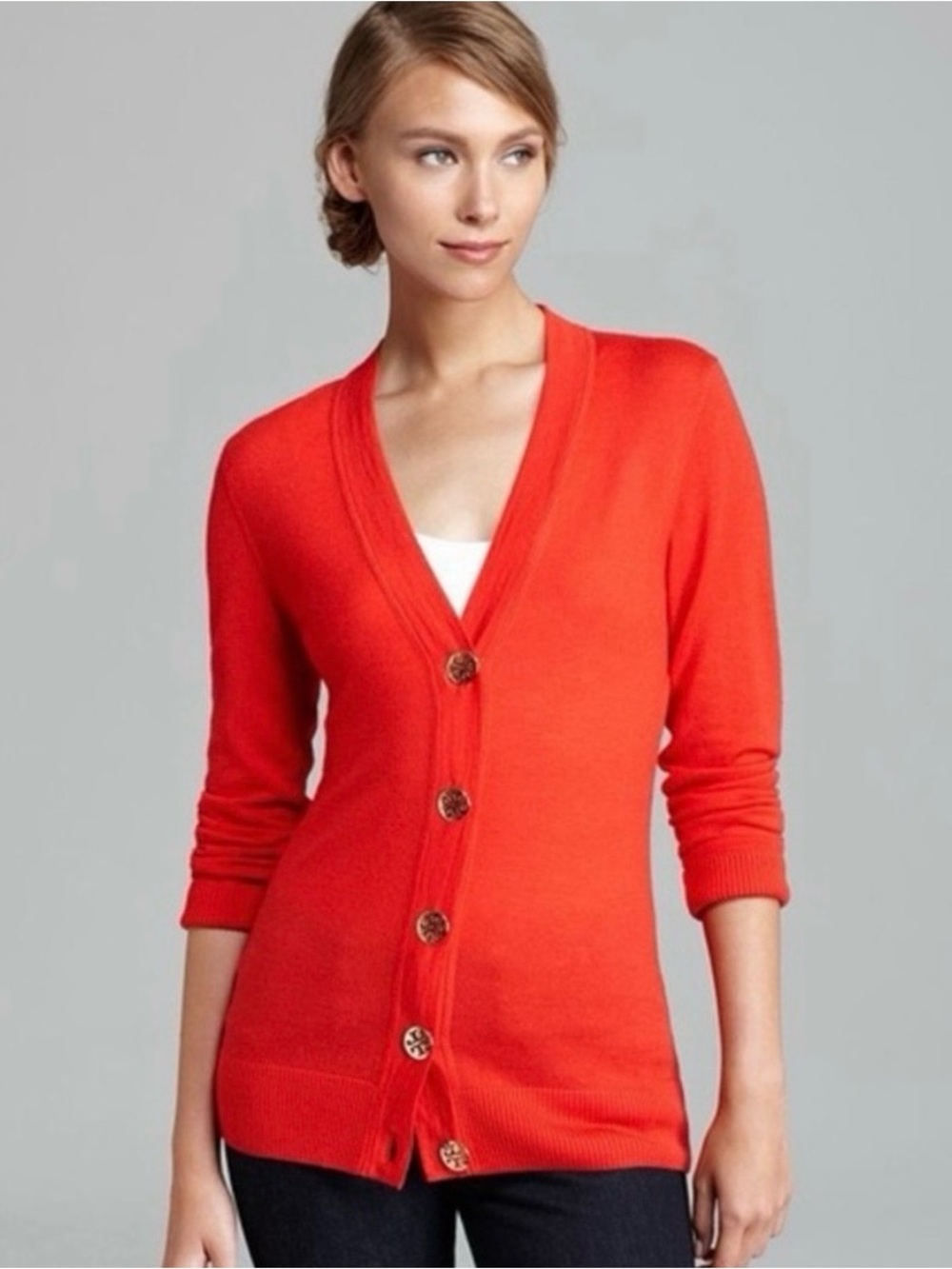 Tory Burch Simone V-Neck Cardigan Sweater Red Orange Gold Logo Buttons Wool M